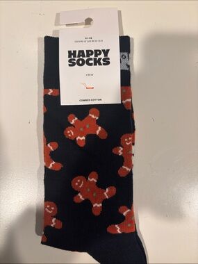 Happy Socks Navy Socks with Orange Gingerbread Pattern